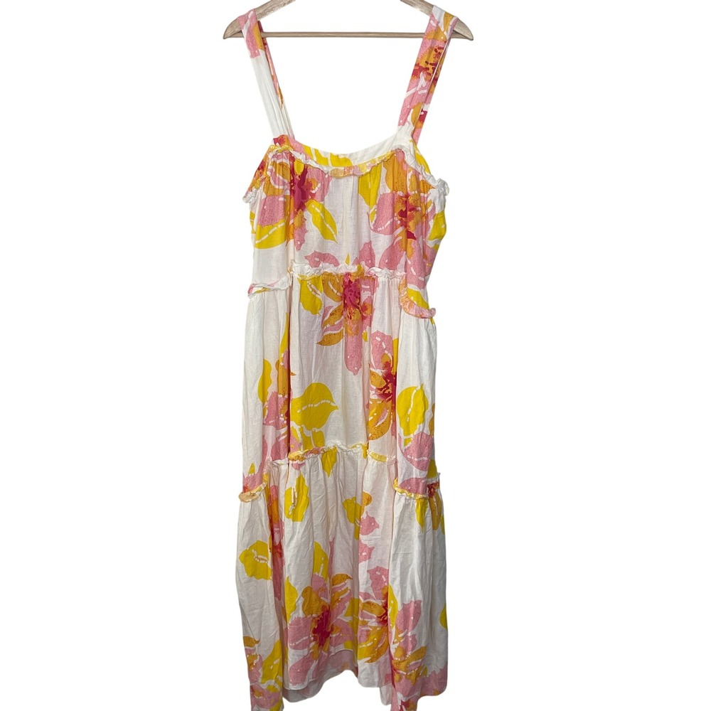 Free People Floral Maxi Dress Tiered Ruffle Strappy White Pink Yellow L